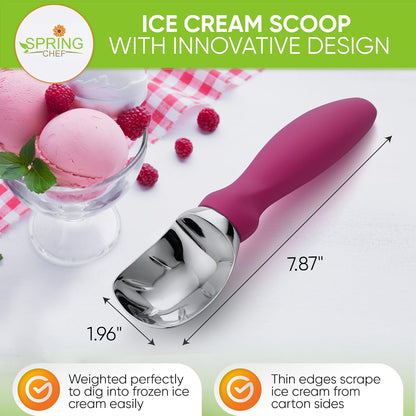 Spring Chef Heavy Duty Ice Cream Scoop - Non-Slip Handle for Gelato, Sorbet & More | Dishwasher Safe - Magenta