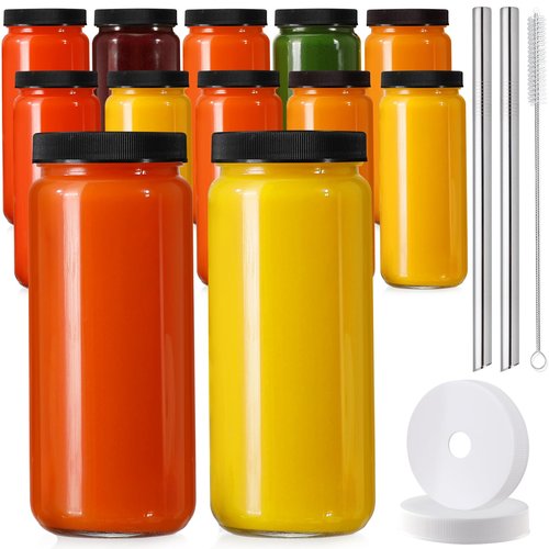 12 PACK, 16 OZ Glass Juice Bottles with Airtight Lids, Bonus 2 Straws & Perforated Lids, Reusable Juicer, Juicing Bottle - Clear Drinking Jars Cups, Water Bottles, Travel Juice Container, Black Caps
