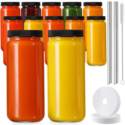 12 PACK, 16 OZ Glass Juice Bottles with Airtight Lids, Bonus 2 Straws & Perforated Lids, Reusable Juicer, Juicing Bottle - Clear Drinking Jars Cups, Water Bottles, Travel Juice Container, Black Caps