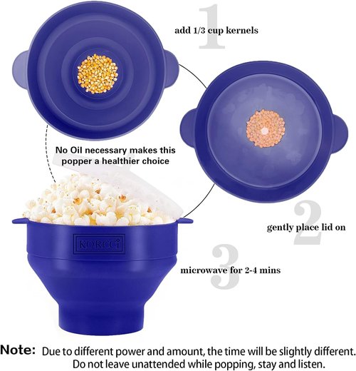 Korcci Microwaveable Silicone Popcorn Popper - Collapsible, No Oil Needed, Dishwasher Safe | Blue