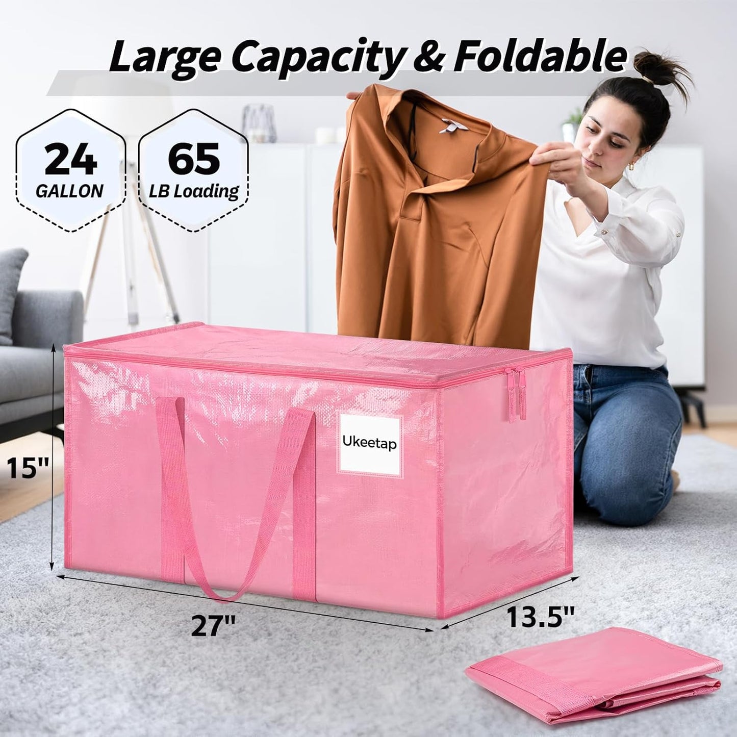 Skiennix Extra Large Heavy-Duty Moving Bags - 16 Pack Pink Storage Bins with Lids & Reinforced Handles