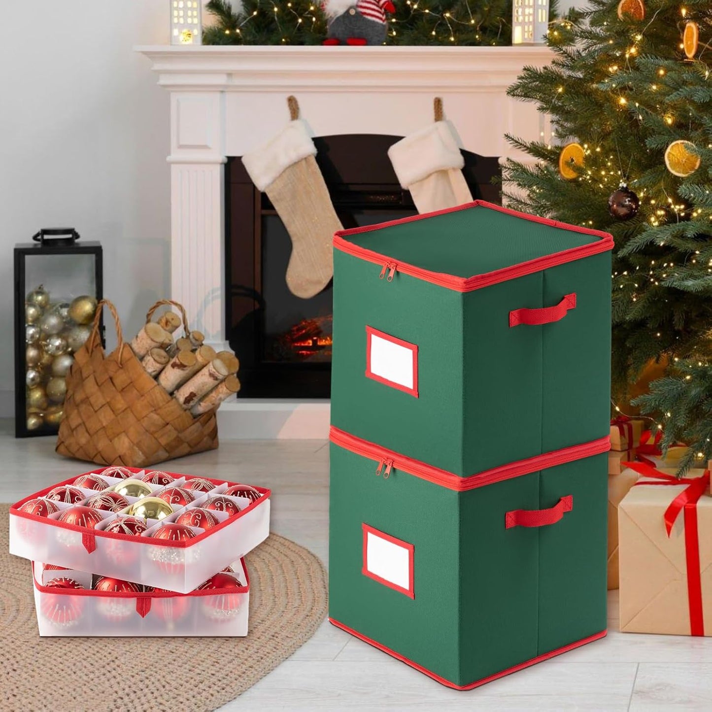 OIAHOMY Ornament Storage Box - 2 Pack Holds 64 Balls Each, Durable 600D Oxford Fabric - Green with Trays