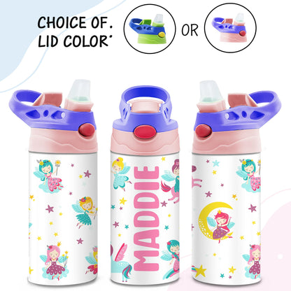 Personalized Kids Water Bottle | 12 Oz Double Wall Insulated Stainless Steel Tumbler | Custom Name Leak-Proof Cup with Straw | Back to School Gift for Toddlers, Children, Boys, Girls | Fairy