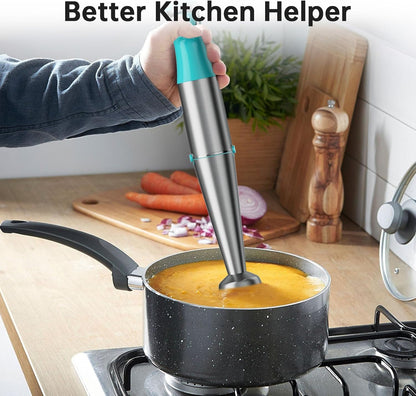 Skiennix Immersion Blender - 1100W Handheld Stick Mixer with Variable Speed, Chopper, Whisk & Frother - Cyan Blue
