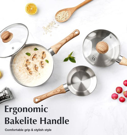 KOCH SYSTEME CS Stainless Steel Saucepan Set, 4-Piece Stainless Steel Sauce Pan with Cool-Touch Bakelite Handle, 1 QT & 2 QT Saucepan with Lid, Steel Pots Induction Ready