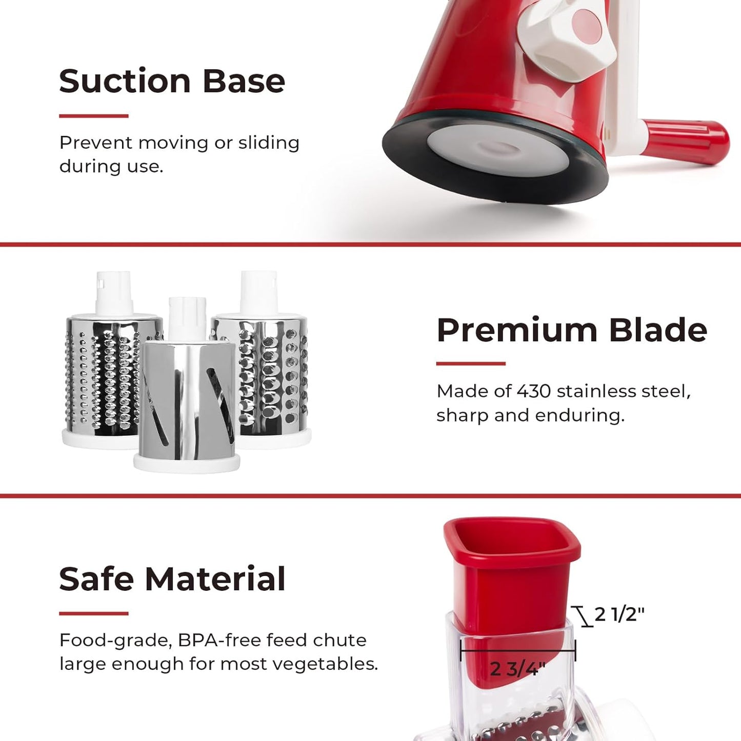 X Home Rotary Cheese Grater - Versatile Kitchen Shredder with 3 Blades & Suction Base | Easy to Clean, Red