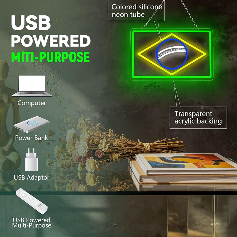 Brazil Flag Neon Sign - Dimmable LED Wall Light for Man Caves, Bedrooms & Garages