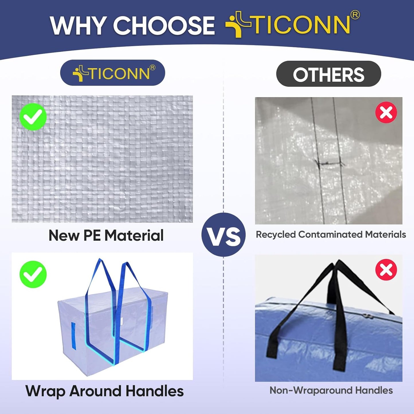 TICONN Extra Large Heavy-Duty Moving Bags - Durable Storage Solution with Zippers & Handles | 4 Pack, Blue
