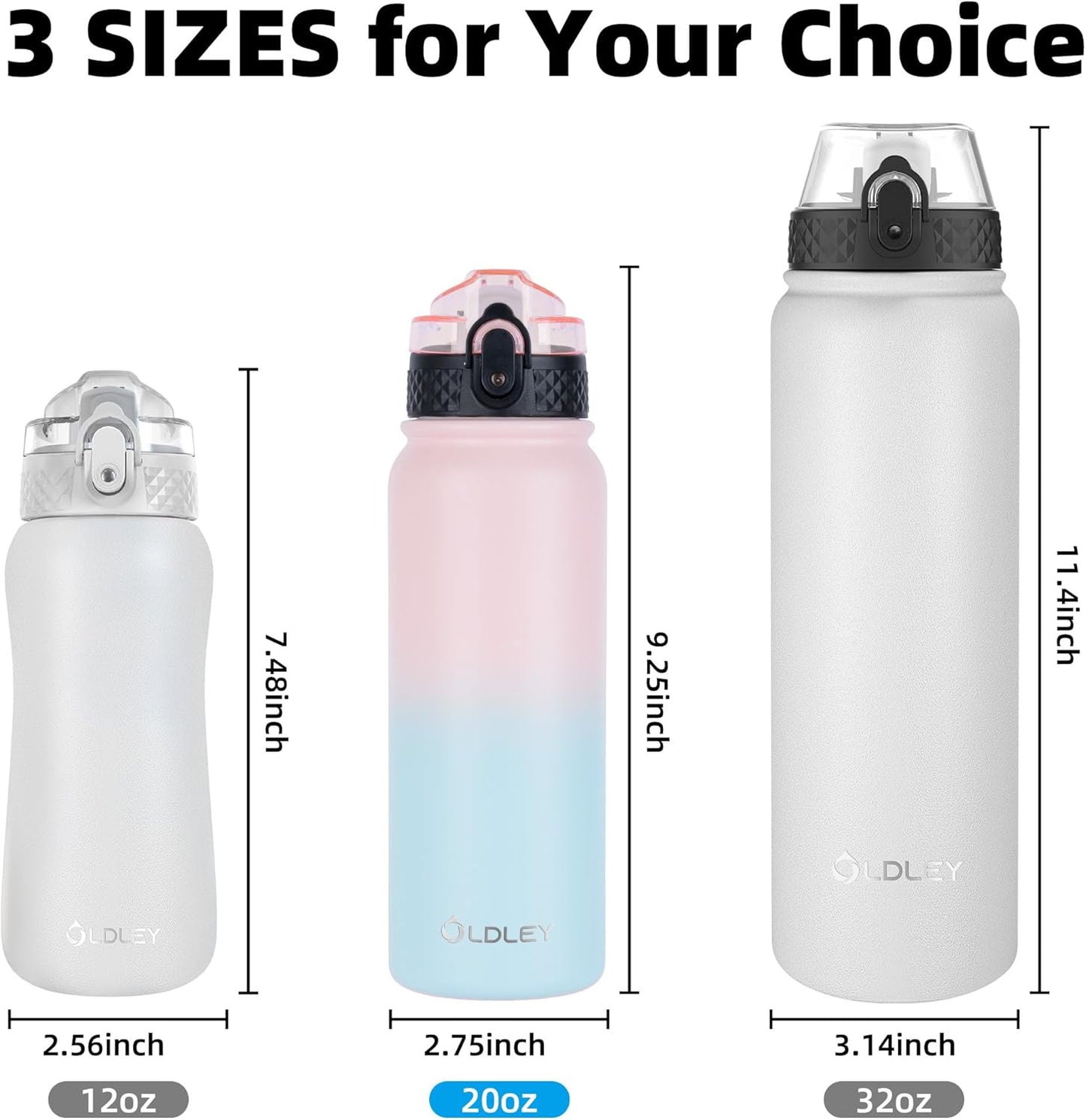 Oldley Insulated Water Bottle - 20oz Stainless Steel Bottle with 3 Lids & Straw | Double Wall Vacuum - Light Pink-Blue