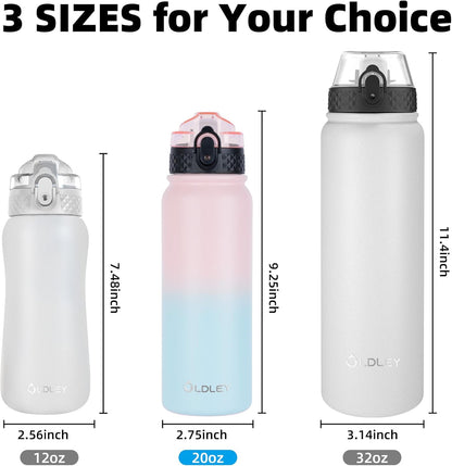 Oldley Insulated Water Bottle - 20oz Stainless Steel Bottle with 3 Lids & Straw | Double Wall Vacuum - Light Pink-Blue