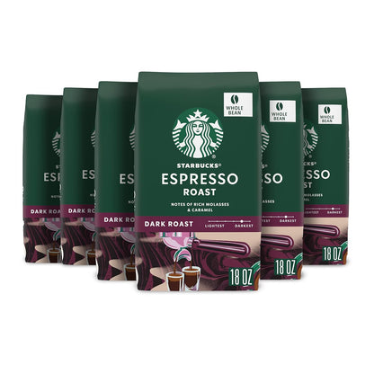Starbucks Whole Coffee Beans - Dark Roast Espresso Blend | Six 18 oz Bags for Hot or Iced Coffee