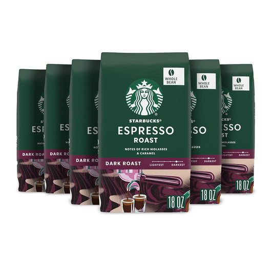 Starbucks Whole Coffee Beans - Dark Roast Espresso Blend | Six 18 oz Bags for Hot or Iced Coffee
