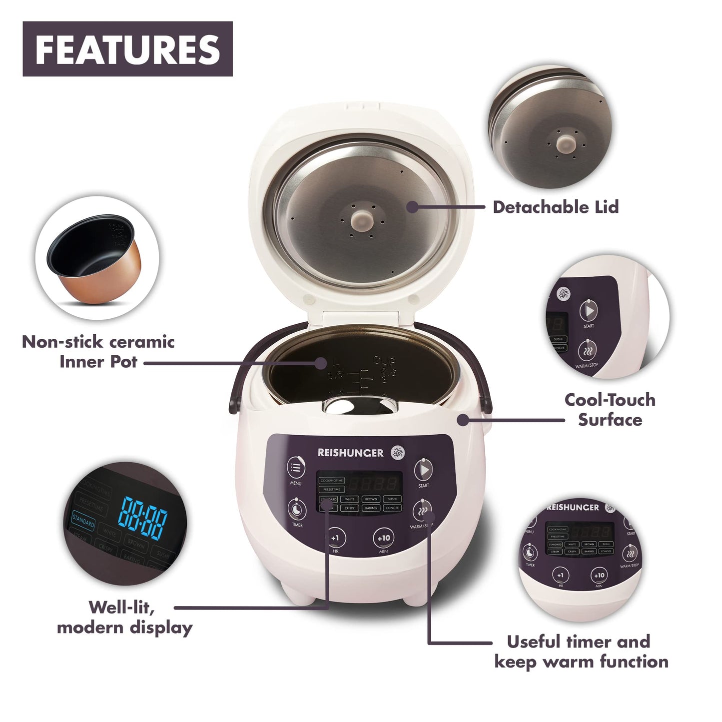 Reishunger Digital Mini Rice Cooker & Steamer, Mint with Keep-Warm Function & Timer - 3.5 Cups - Small Rice Cooker Japanese Style with Ceramic Inner Pot - 8 Programs - 1-3 People