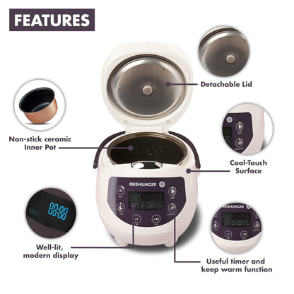 Reishunger Digital Mini Rice Cooker & Steamer, Mint with Keep-Warm Function & Timer - 3.5 Cups - Small Rice Cooker Japanese Style with Ceramic Inner Pot - 8 Programs - 1-3 People