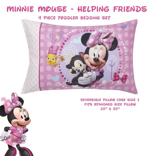 Disney Minnie Mouse Helping Friends 4 Piece Toddler Bedding set - Fitted Sheet, Pillow Case, Top Sheet, and Comforter Quilt - Pink