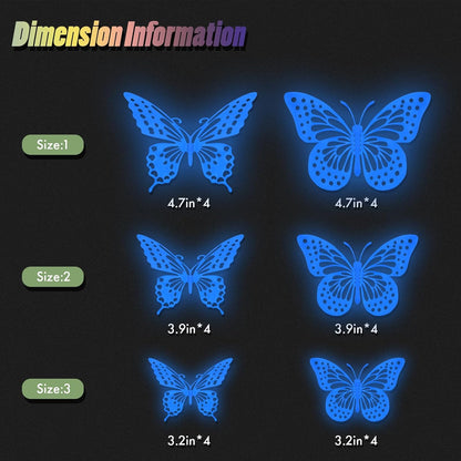 SAOROPEB Glow In The Dark Butterfly Stickers - 24 Pcs in 3 Sizes for Kids' Rooms | Luminous Wall Decor (Blue)
