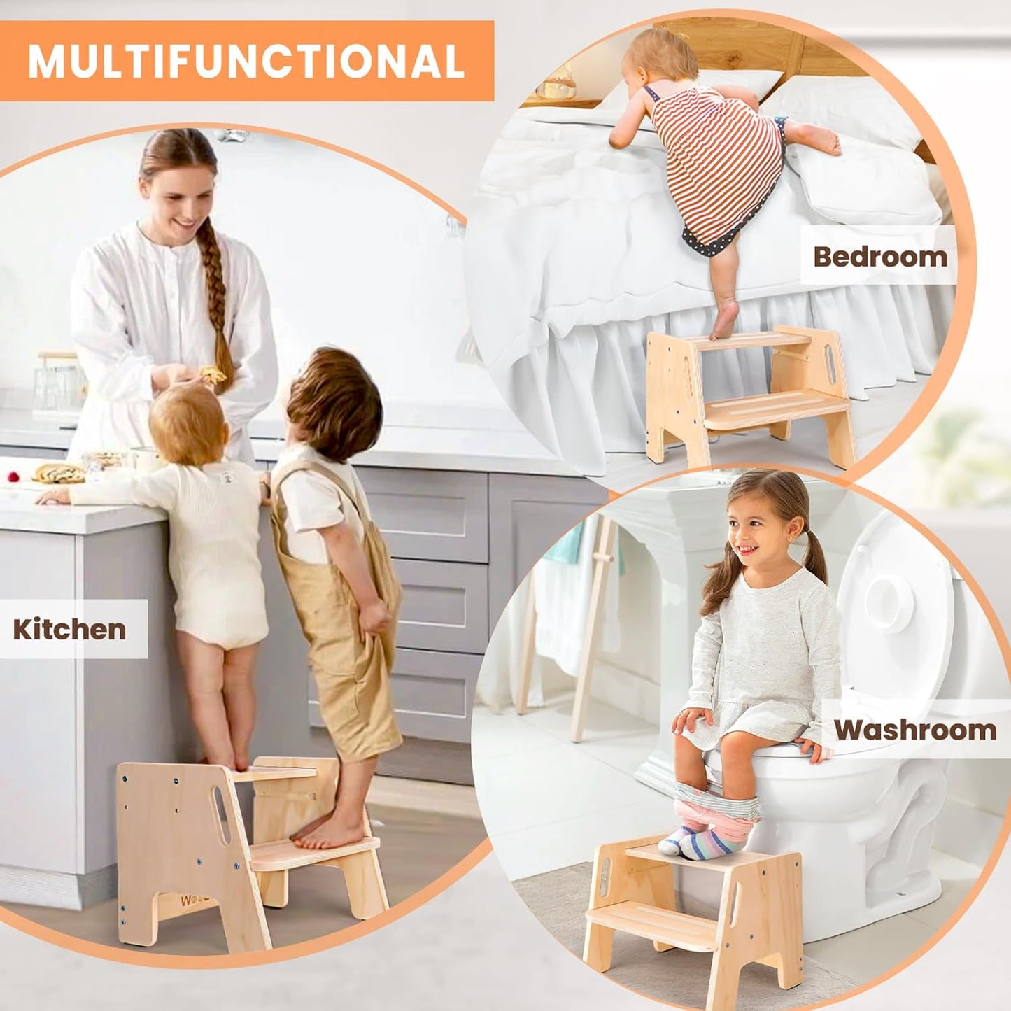 Regine Switzerland Wooden Toddler Step Stool - Height-Adjustable 2-Step Design with Handles for Potty Training