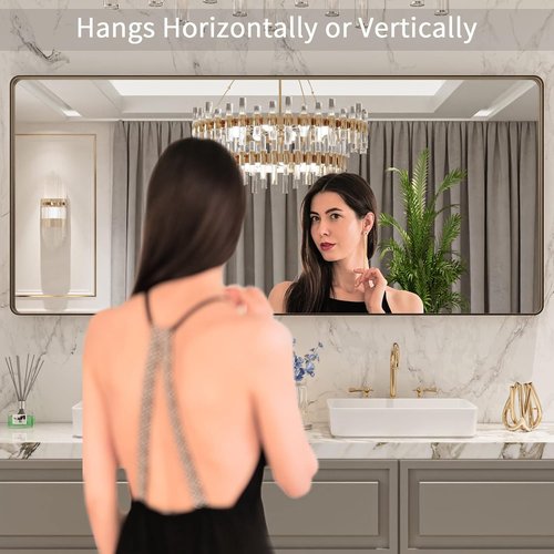 LOAAO Bronze Bathroom Mirror - 72”x32” Rounded Rectangle with Anti-Rust Metal Frame | Hangs Horizontally or Vertically