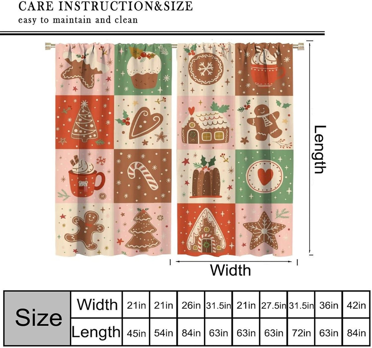 Skiennix Christmas Patchwork Curtains - Hand-Drawn Gingerbread Houses Design | Winter Holiday Drapes (W20xL45 Inch) - Set of 2