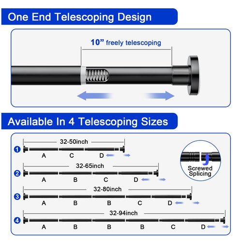 Ausemku Shower Curtain Rod 32-80 Inch Adjustable - 1 Inch Diameter Heavy Duty No drill Spring Tension Shower Rod, Non-Slip Rustproof Telescopic Rod for Bathroom, Black