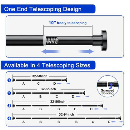 Ausemku Shower Curtain Rod 32-80 Inch Adjustable - 1 Inch Diameter Heavy Duty No drill Spring Tension Shower Rod, Non-Slip Rustproof Telescopic Rod for Bathroom, Black