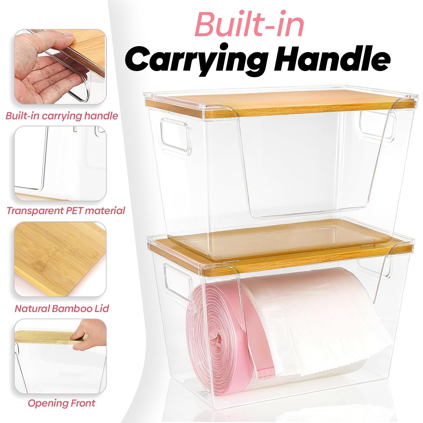 Trash Bag Dispenser with 50 Trash Bags - Garbage Bag Dispenser with Bamboo Lid- Extra Large Plastic Bag Dispenser for Kitchen, Laundry Room, Pantry, Under Sink Organizer and Storage