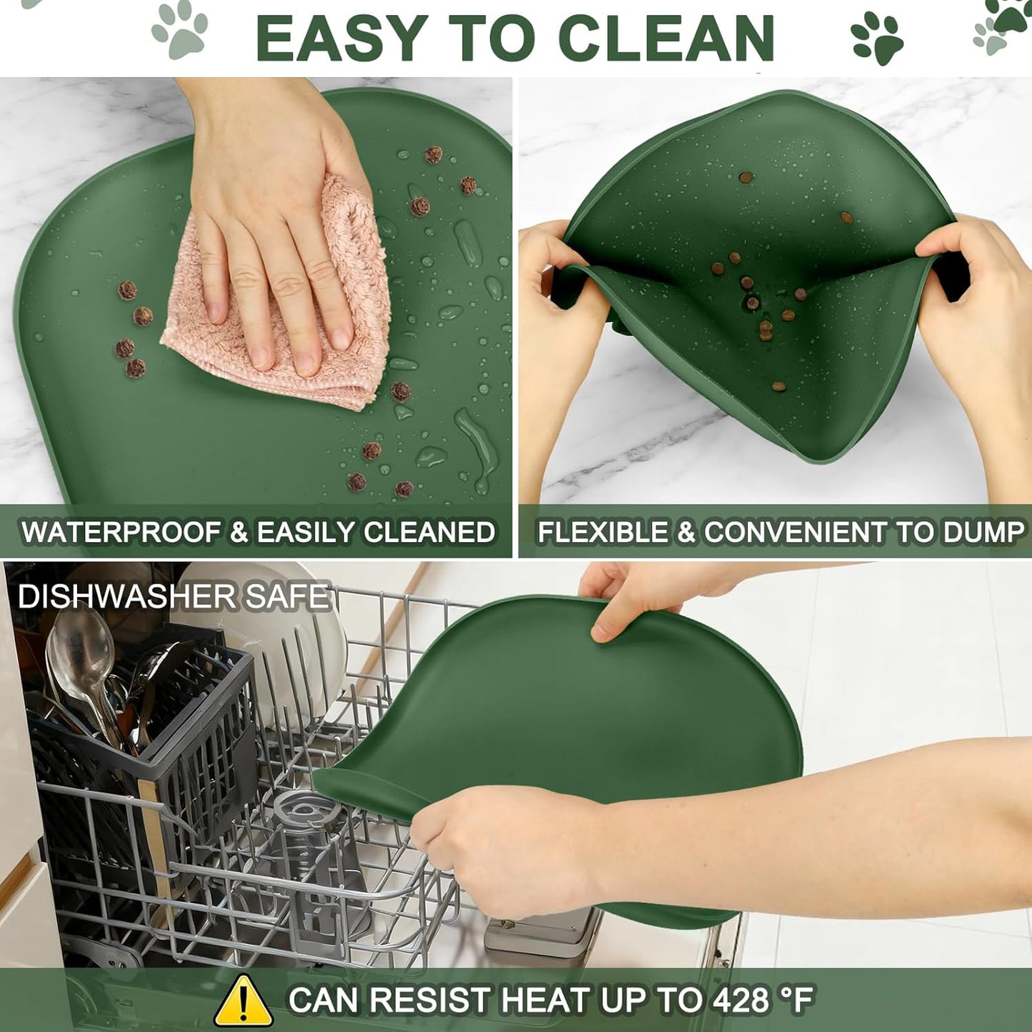 Skiennix Small Silicone Pet Food Mat - Waterproof Feeding Tray with Raised Edge | 12 x 12 x 0.7 Dark Olive