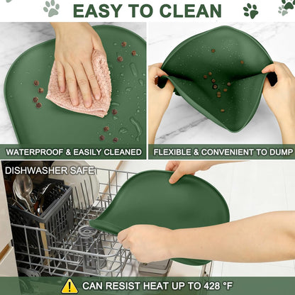 Skiennix Small Silicone Pet Food Mat - Waterproof Feeding Tray with Raised Edge | 12 x 12 x 0.7 Dark Olive