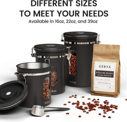 Veken Coffee Canister - Airtight Stainless Steel Storage with Window & Date Tracker | 16oz Black