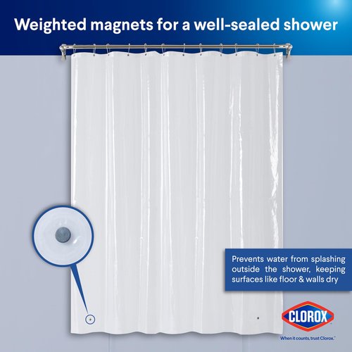 Clorox Shower Curtain Liner, Premium Lightweight Flexible Waterproof 3g PEVA for Bathroom with Weighted Magnets, Standard Size 70" x 72", Clear 1 Pack