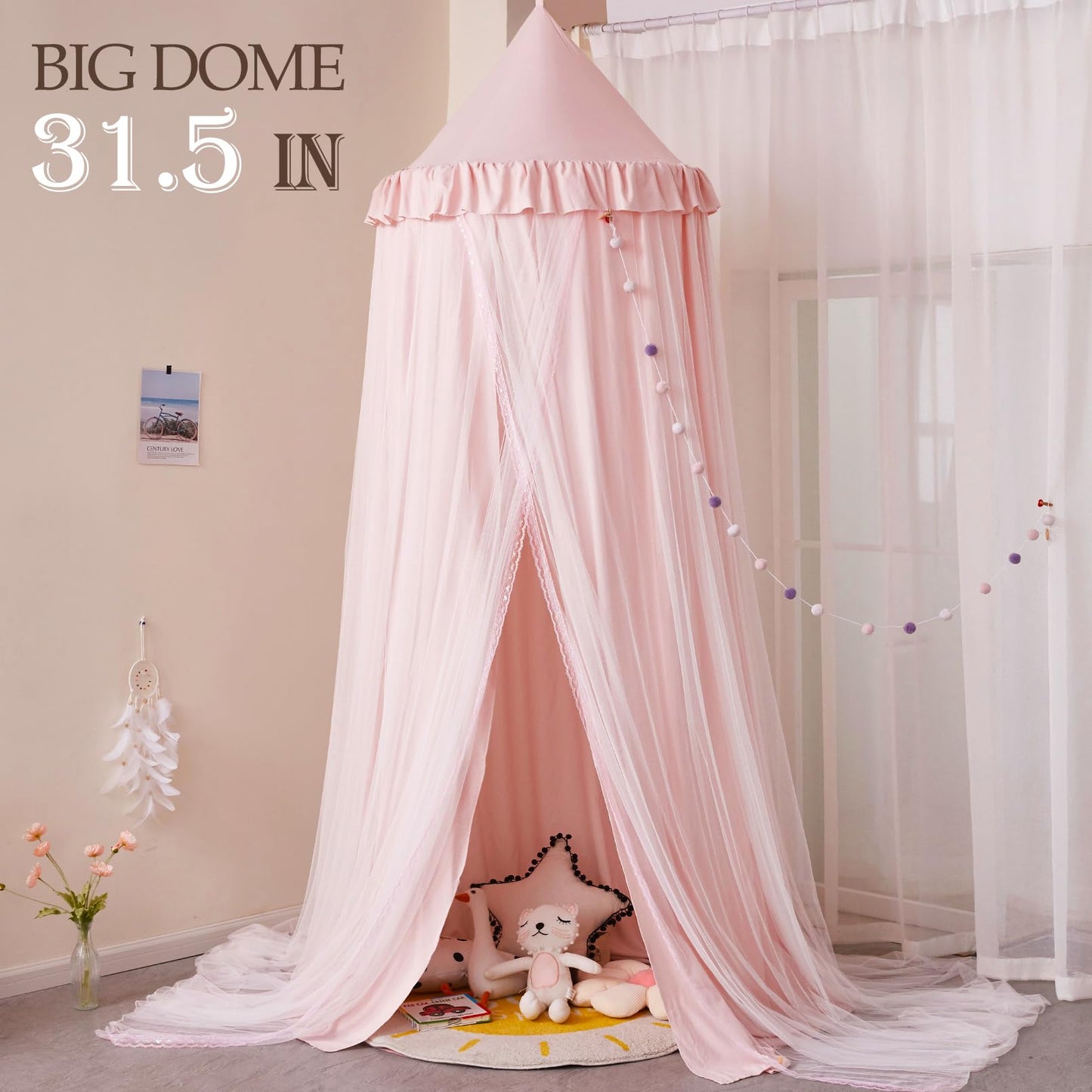 Kertnic Large Dome Bed Canopy for Kids Room Double Layer Mosquito Net, Hanging Play Tent Children Reading Nook Canopies, Princess Castle Dreamy Bedding for Girls Room House Décor (Beige Pink)