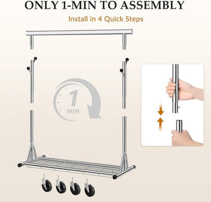 Gewudraw Heavy Duty Clothes Rack - Adjustable Metal Rolling Garment Rack With Sturdy Wheels | 630 lbs Capacity