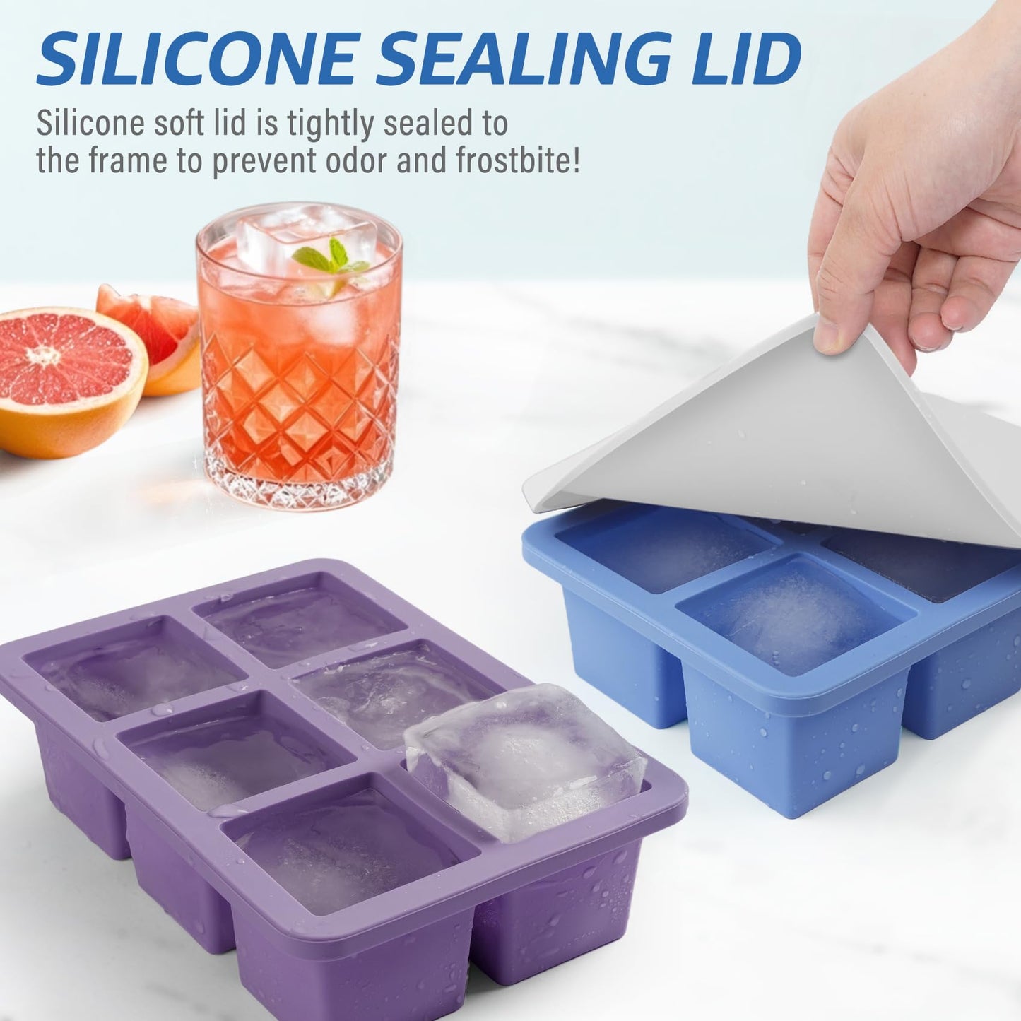 mossime Silicone Ice Cube Tray: 4pack Square Whiskey Large Ice Cube Molds - Old Fashioned Ice Cube Trays with Lid - 2inch Easy Release Big Freezer Mold for Cocktail Baby Food Soup & Juice