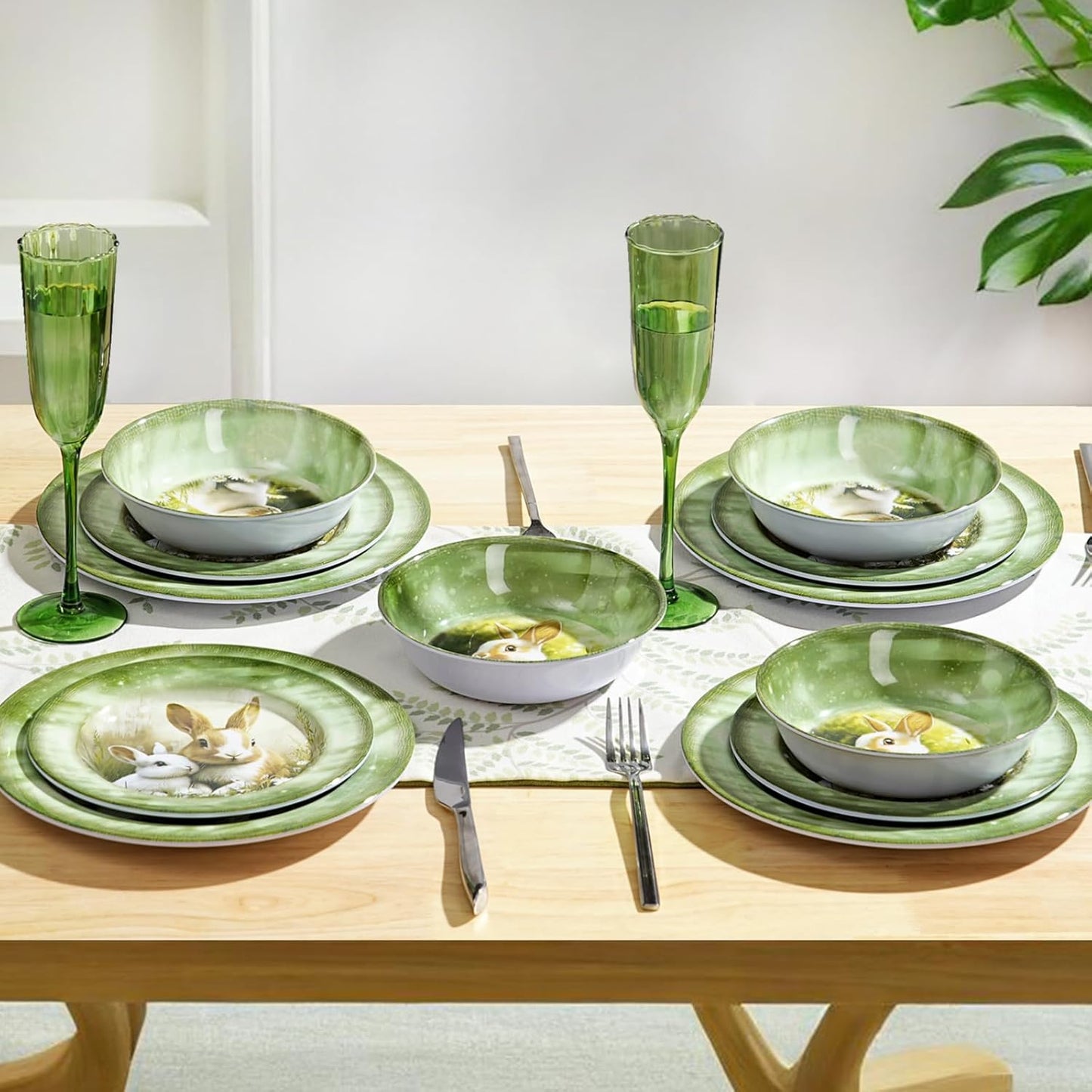 Skiennix 12-Piece Melamine Dinnerware Set - Lightweight Shatterproof Plates & Bowls for 4 | Green Bunny Design, Ideal for Outdoor Use