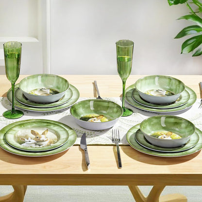 Skiennix 12-Piece Melamine Dinnerware Set - Lightweight Shatterproof Plates & Bowls for 4 | Green Bunny Design, Ideal for Outdoor Use