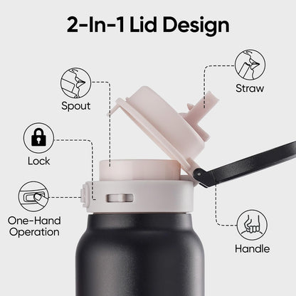 Skiennix 24 oz Insulated Water Bottle - 2-in-1 Stainless Steel with Straw & Spout | Leak Proof, Double Wall Design (Black)