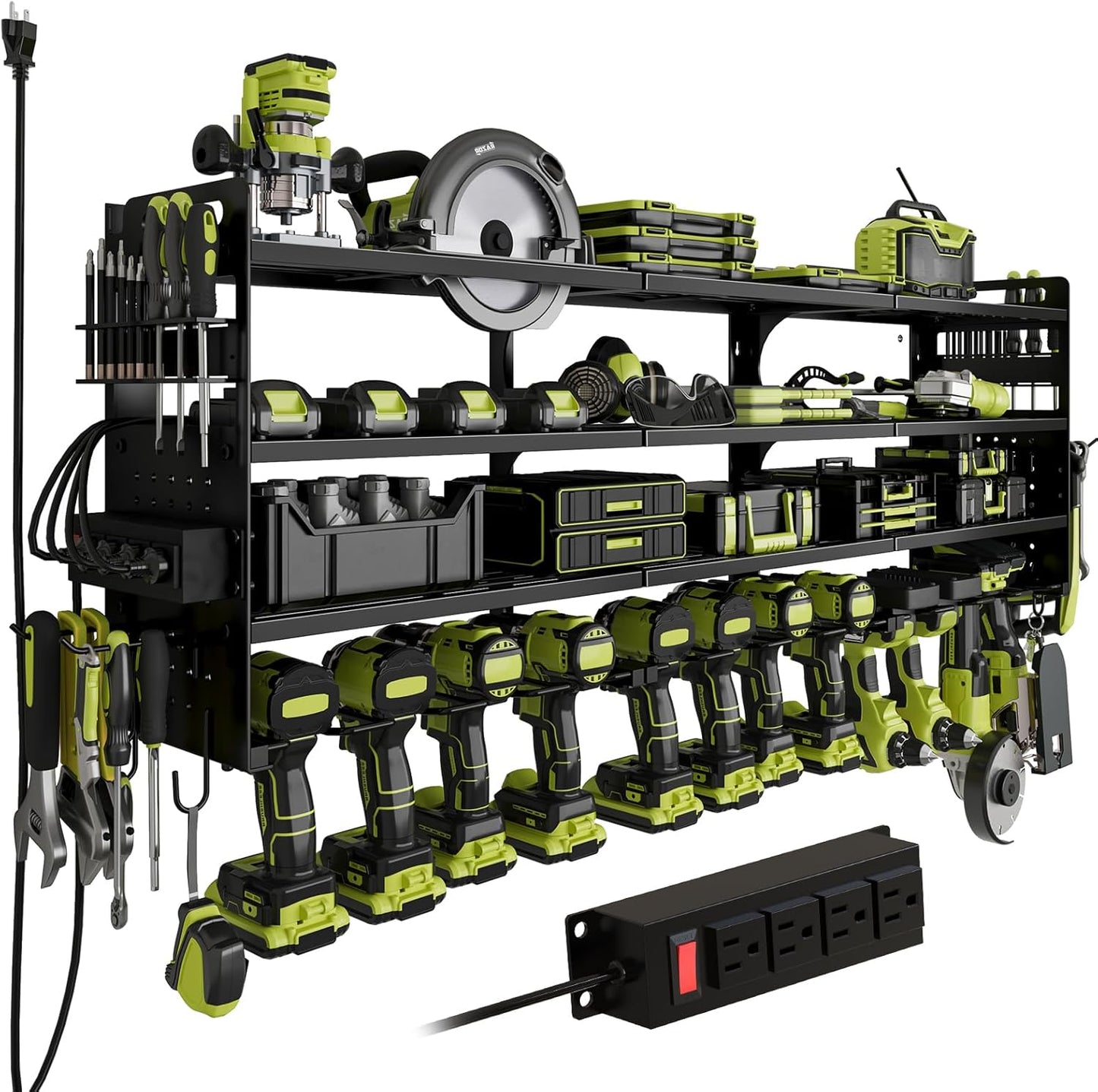 Skiennix Cordless Drill Holder - Heavy-Duty 4-Tier Power Tool Organizer with Pegboard & Power Strip
