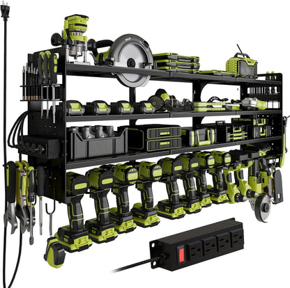 Skiennix Cordless Drill Holder - Heavy-Duty 4-Tier Power Tool Organizer with Pegboard & Power Strip