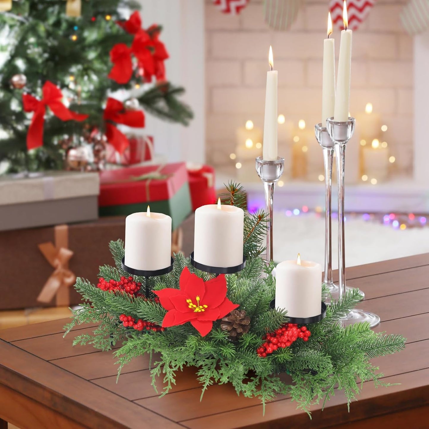 Regine Switzerland Christmas Advent Wreath Candle Holder - Elegant Table Centerpiece with 3 Holders, Red Berries & Pinecones