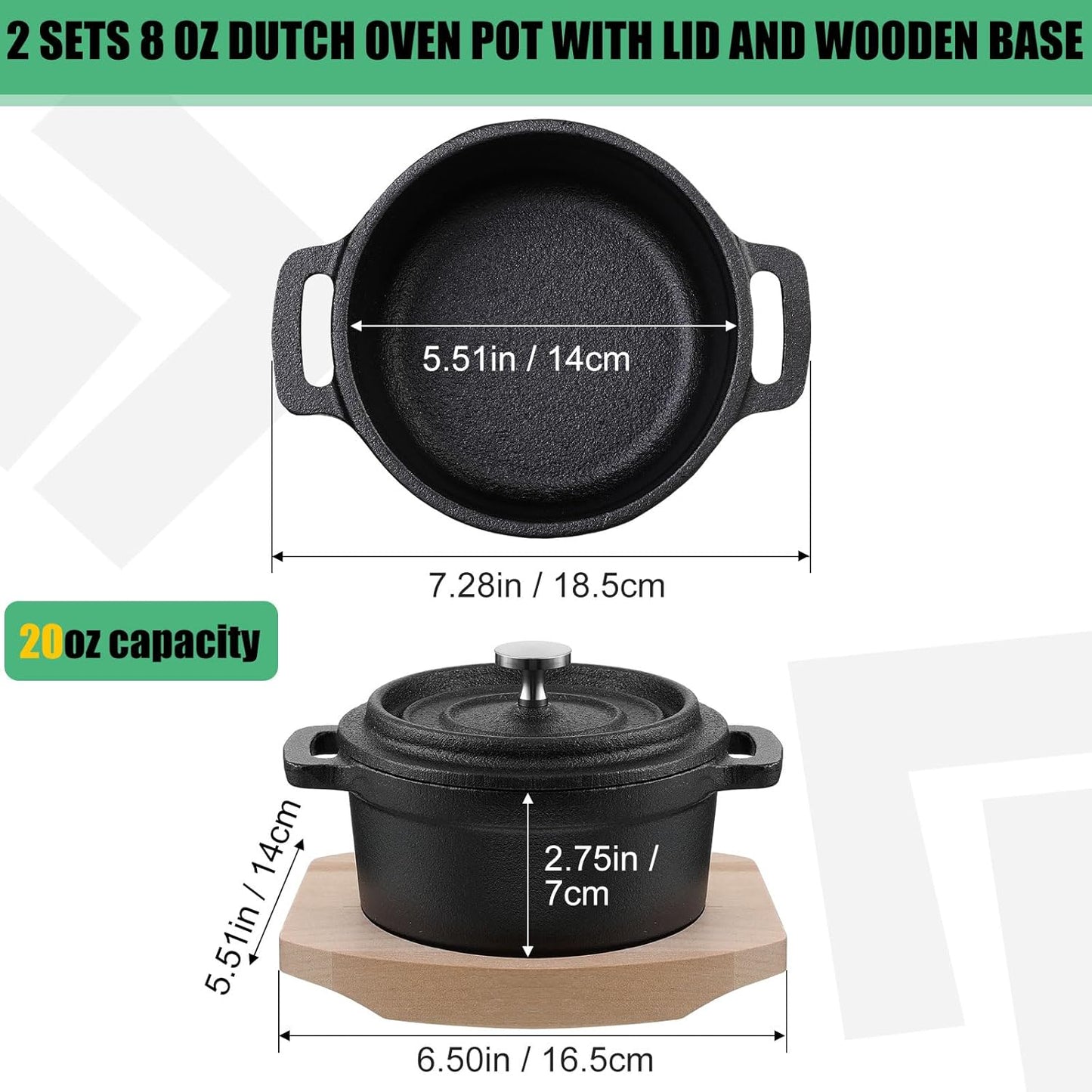 Skiennix 20 oz Dutch Oven Pot - Pre-Seasoned Cast Iron Casserole with Lid & Wooden Base | Heavy-Duty Mini Cocotte in Black