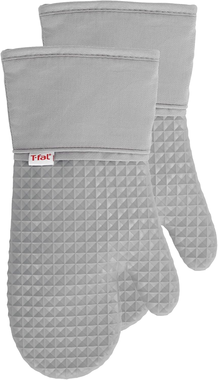 T-fal Silicone Oven Mitt Set - Softflex, Non-Slip Grip, Heat Resistant | 13 x 7 Inches, 2 Pack, Gray