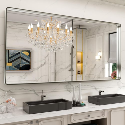 LOAAO 77X36 Inch Brushed Nickel Bathroom Mirror, Rounded Rectangle Silver Metal Frame Mirror, Brushed Nickel, Anti-Rust, Hangs Horizontally or Vertically