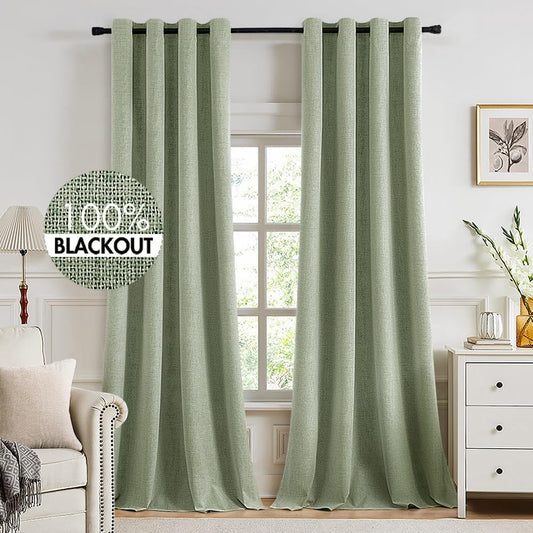 MIULEE Blackout Curtains - 100% Thermal Insulated Linen Texture Drapes | Sage Green, 52x120 Inch (2 Panels)