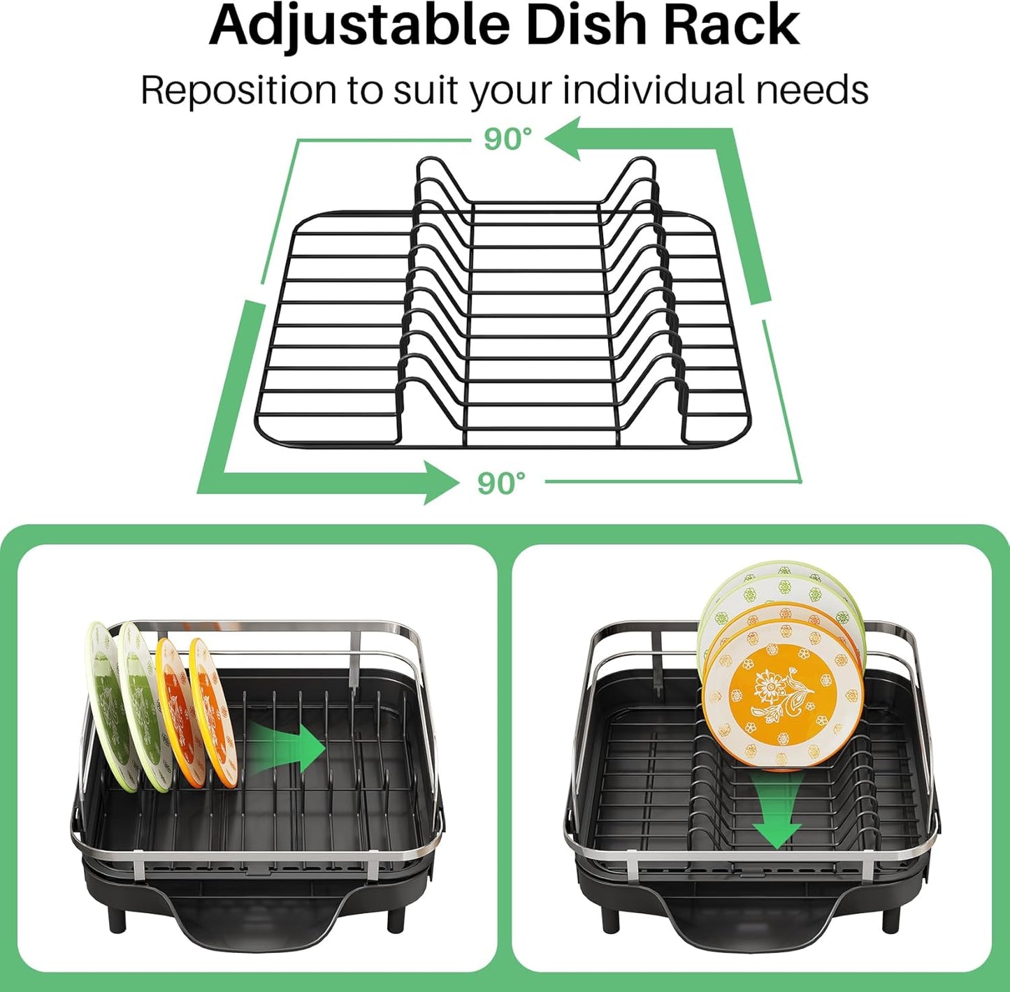 SAYZH Dish Drying Rack - Expandable Rust-Resistant Kitchen Organizer with Utensil Holder | Black