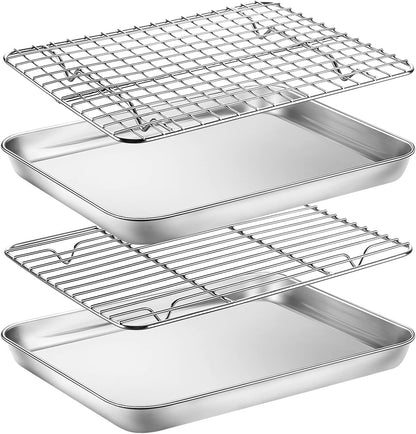 Yododo Baking Sheet Set - 4-Piece Stainless Steel Cookie Sheets with Cooling Racks | 10-Inch Heavy Duty & Easy Clean