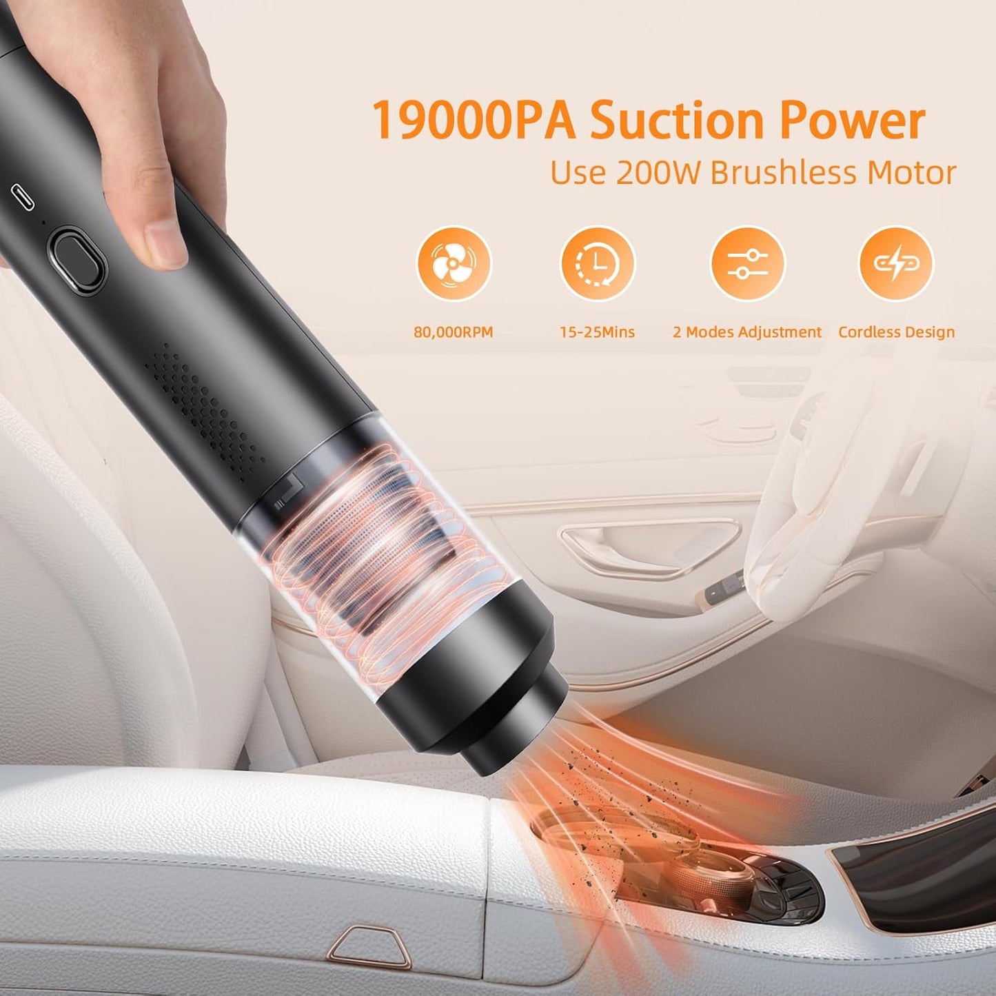 Skiennix Portable Cordless Car Vacuum - 19000Pa Powerful Suction | 4-in-1 Rechargeable Mini Cleaner