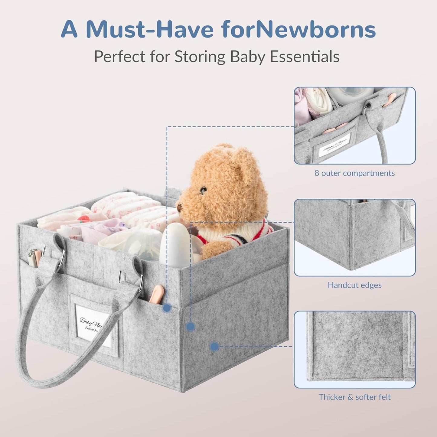 Skiennix Diaper Caddy Organizer - Collapsible Baby Basket with Handle & Photo Frame - Grey, 11.8 x 6.3 x 9.0 Inch