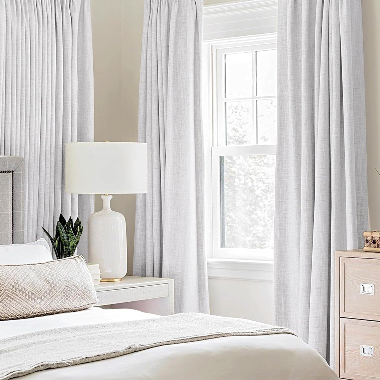 MIULEE Full Blackout Curtains - Linen Texture Thermal Insulated Grommet Panels | 52x54 Inch, Grayish White
