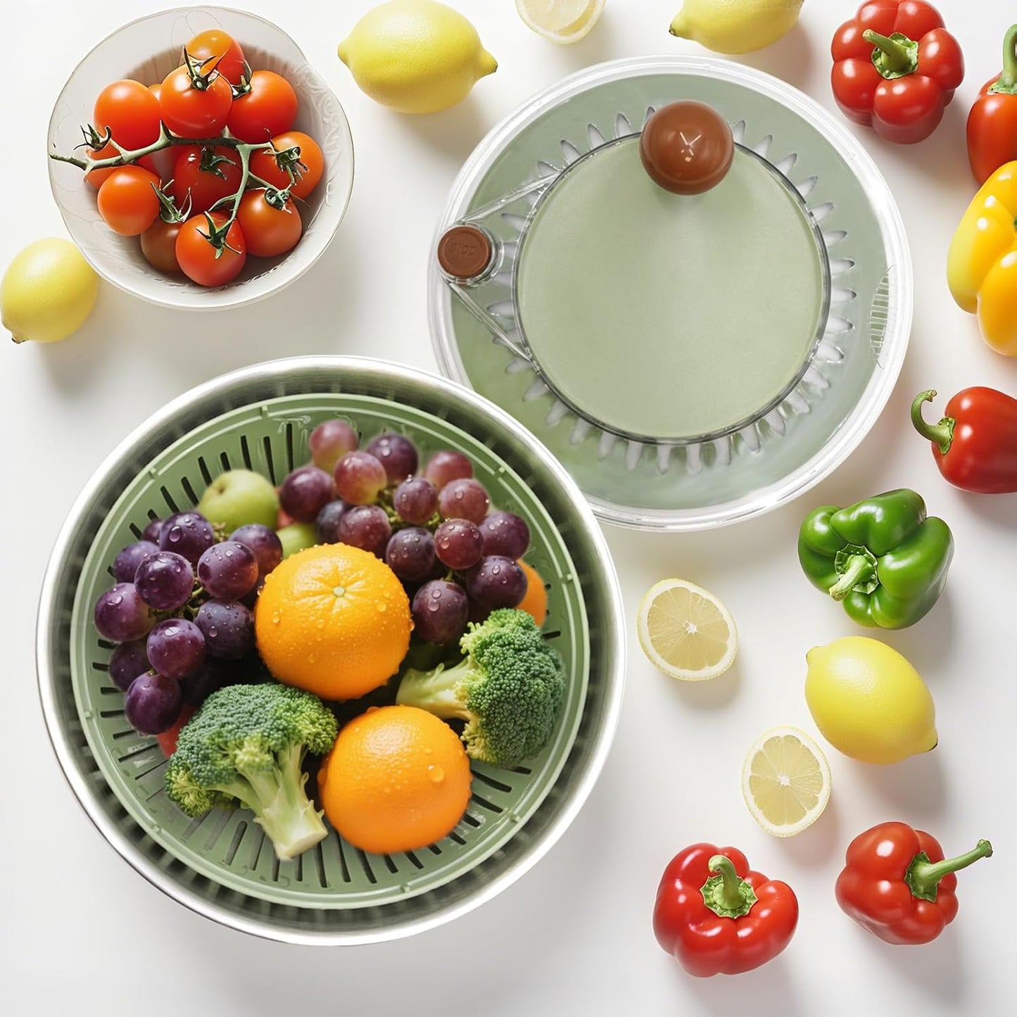 Skiennix 5.3Qt Stainless Steel Salad Spinner - Non-Slip Base, Dishwasher Safe, Easy Drain Design