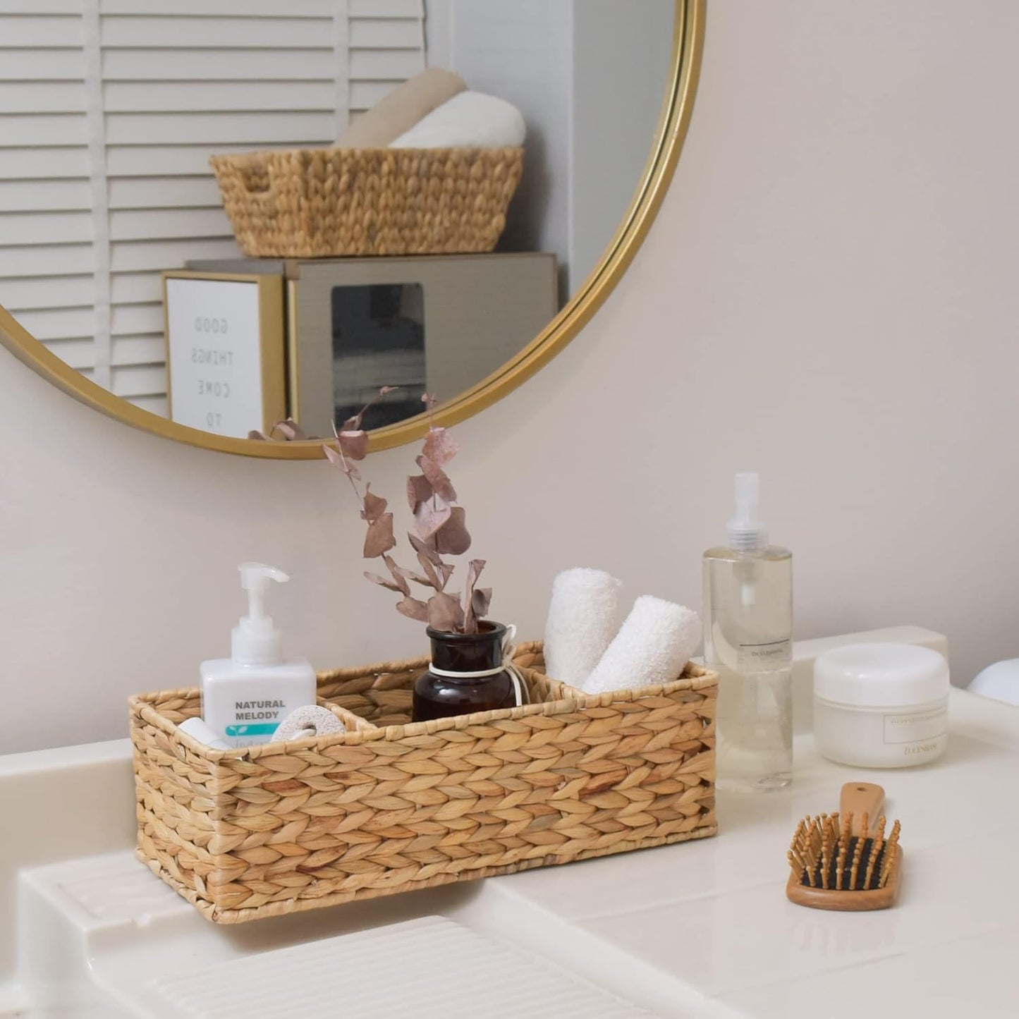 StorageWorks Wicker Basket - Stylish 3-Section Storage Solution for Shelves & Toilet Tanks | 2-Pack